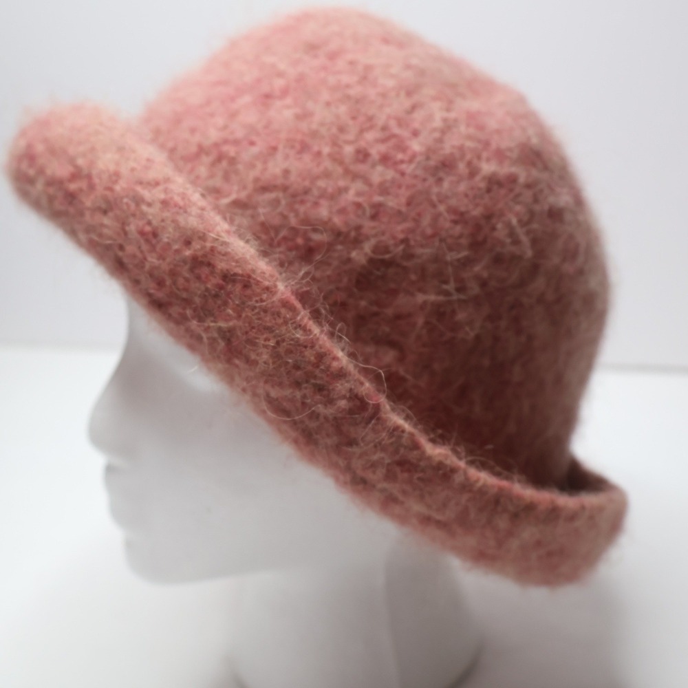 Handmade Pink Felted Fuzzy Wool Crochet Hat Bumper Brim Mod Classic Luxurious